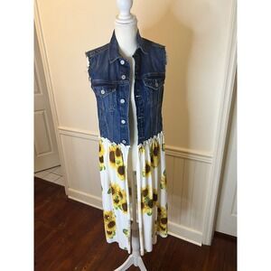 GAP Upcycled Denim Vest Sunflower Duster Longline Floral Jacket Blue Size M